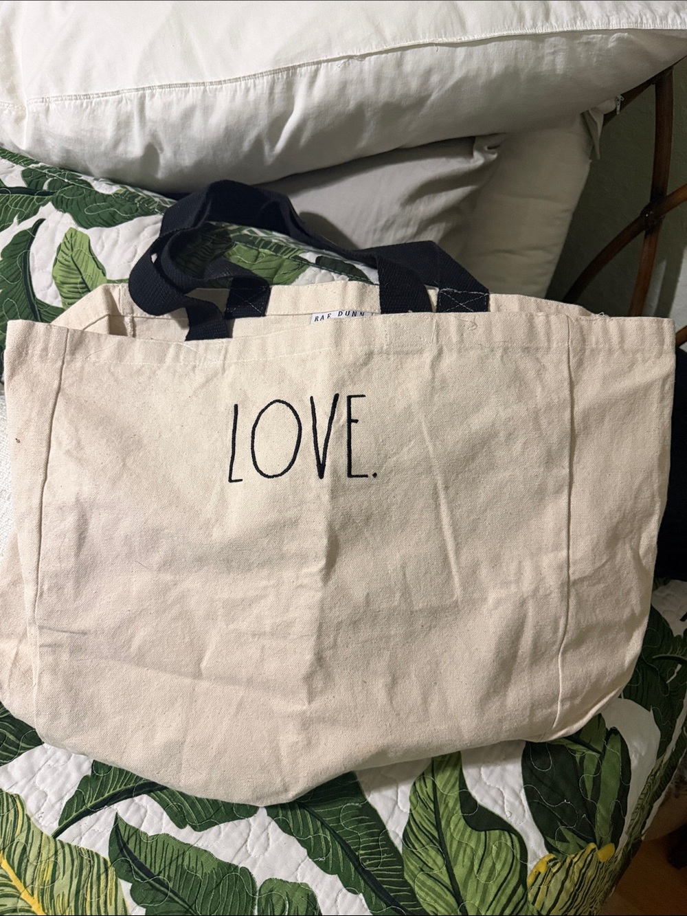 Rae Dunn Natural Canvas Tote with Black Handles and LOVE. Print